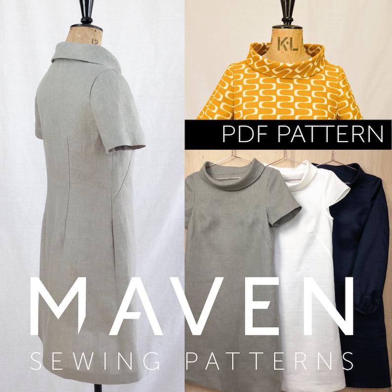 The French Dart pdf sewing pattern - retro funnel neck, Audrey Hepburn style shift dress made in linen. Linen dress with 3 different sleeves, a short sleeve, cap sleeve and bishop sleeve linen dress