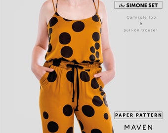 Le patron de couture Simone Set. Motif en papier imprimé, caraco et motif de pantalon à taille élastiquée, fausse combinaison