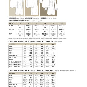 Size chart for the French Dart Shift Dress sewing pattern, providing measurements for different sizes from UK 8 to 18