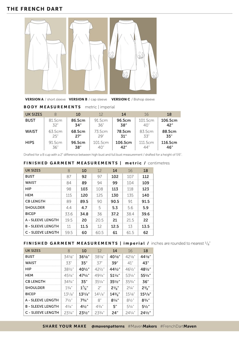 Size chart for the French Dart Shift Dress sewing pattern, providing measurements for different sizes from UK 8 to 18