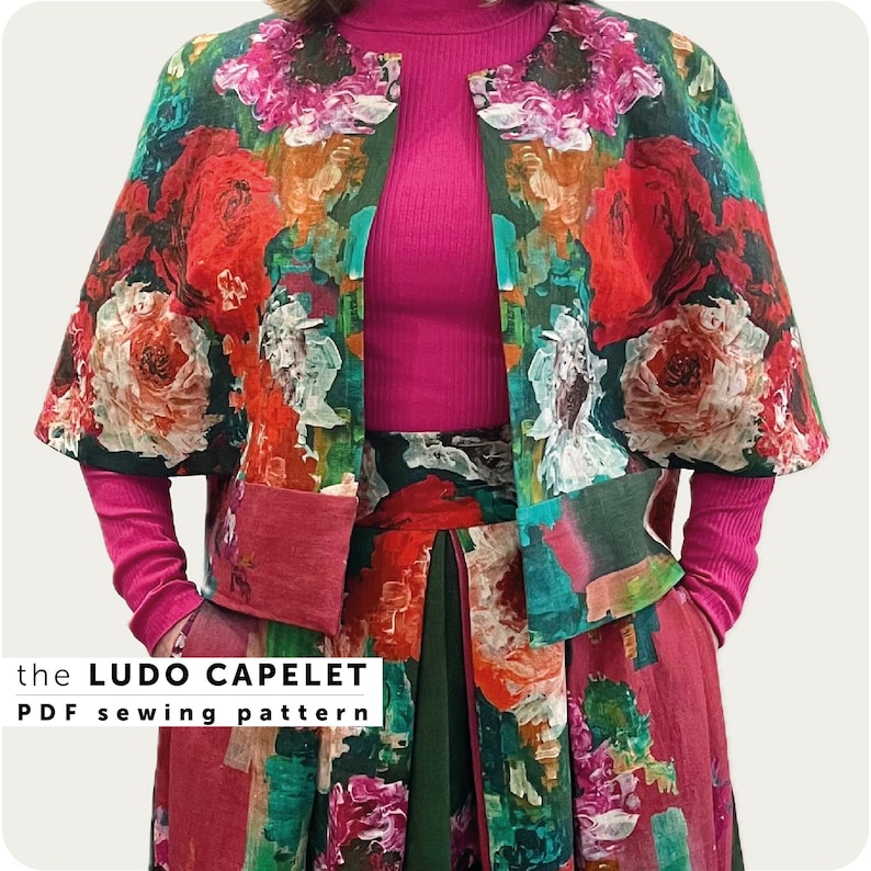 Le patron de couture PDF Capelet Ludo UK, tailles 8-22. Patron de couture cape doublée pour femmes, modèle de veste doublée facile pour débutants en téléchargement numérique image 1