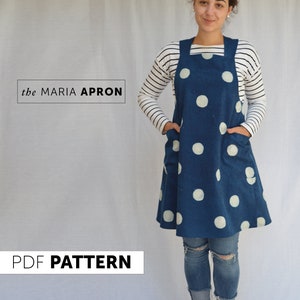 Maria Apron sewing pattern - crossback, Japanese style Studio Makers apron, gardener or kitchen apron in spotty denim