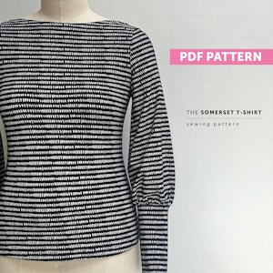 The Somerset T-shirt PDF sewing pattern, Digital download, women's tee t-shirt pattern with slash neckline, bateau boat neck knit pattern