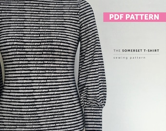 The Somerset T-shirt PDF sewing pattern, Digital download, women's tee t-shirt pattern with slash neckline, bateau boat neck knit pattern