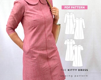 Patrón de costura del vestido Kitty, PDF para mujer, cuello Peter Pan (descarga digital)