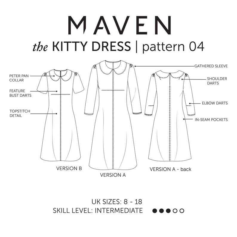 May include: A black and white technical sewing pattern illustration titled MAVEN the KITTY DRESS pattern 04. It displays three dress variations with Peter Pan collars, gathered sleeves, bust, shoulder, and elbow darts, topstitch detail, and in-seam pockets. Includes UK sizes 8-18 and intermediate skill level.