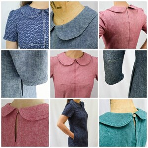 May include: A collection of short-sleeved dresses featuring rounded Peter Pan collars, visible topstitching, and side pockets. The garments are shown in various solid colors and a dotted pattern, with back button closures and zipper details.
