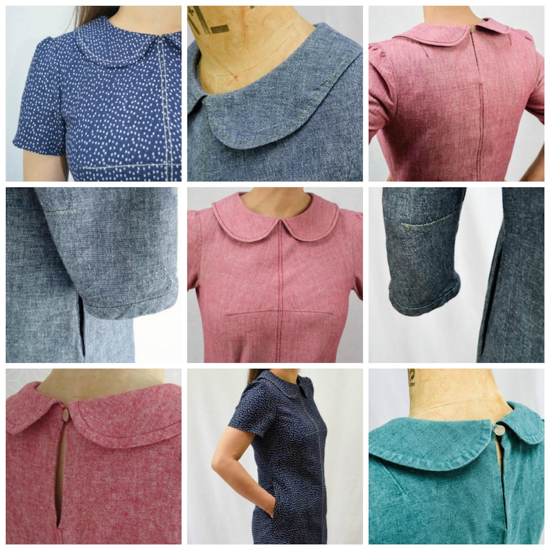 May include: A collection of short-sleeved dresses featuring rounded Peter Pan collars, visible topstitching, and side pockets. The garments are shown in various solid colors and a dotted pattern, with back button closures and zipper details.
