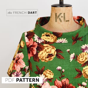 The French Dart pdf sewing pattern - retro funnel neck, Audrey Hepburn style shift dress made in Outback Wife barkcloth fabric