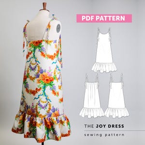 The Joy Dress PDF Schnittmuster - A-Linie Slip Kleid mit Krawatte Schultergurte, Seitentaschen, Sommerkleid mit Rüschensaum, Träger-Oberteil