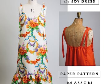 The Joy Dress sewing pattern, printed sewing pattern, sundress dress, slip dress, camisole, tie strap, frill hem dress