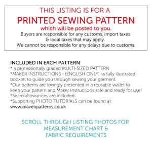 May include: A printed sewing pattern information sheet with black and red text. It states this is for a printed sewing pattern, includes a multi-sized pattern, English maker instructions, a reusable wallet, seam allowances, and photo tutorials.