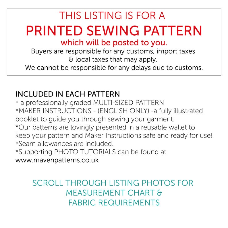 May include: A printed sewing pattern information sheet with black and red text. It states this is for a printed sewing pattern, includes a multi-sized pattern, English maker instructions, a reusable wallet, seam allowances, and photo tutorials.