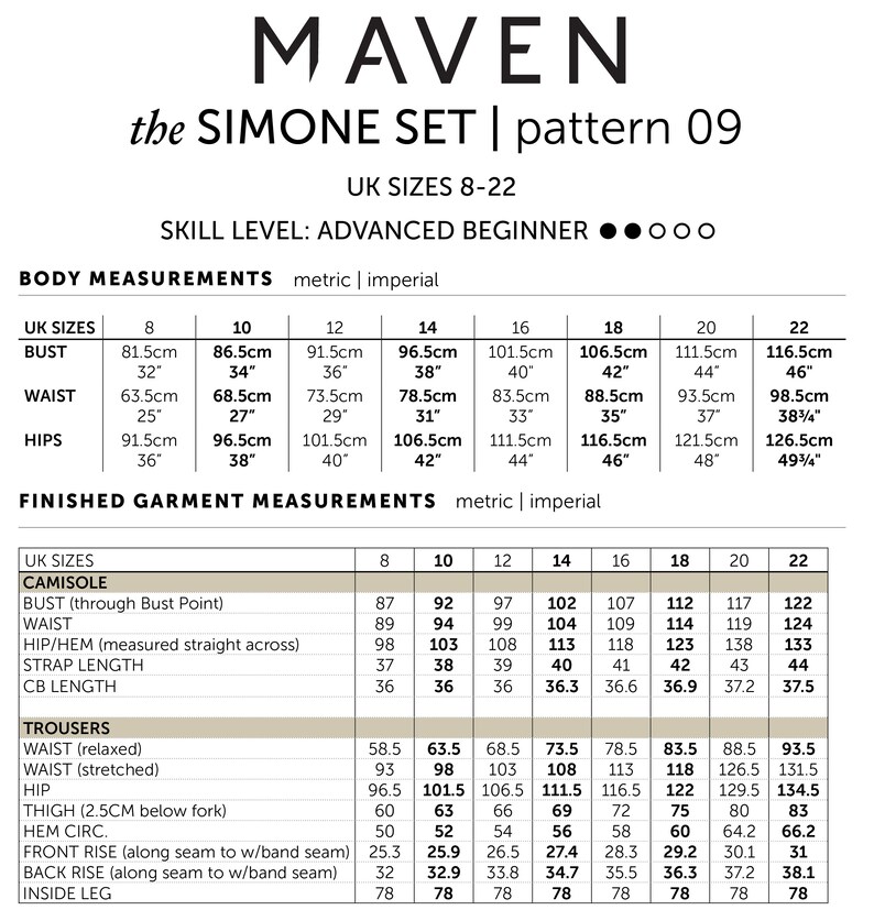 The Simone Set - Camisole Top and Elasticated Waist Trousers. Size Chart and Fabric Requirements. Detailed size chart and fabric recommendations