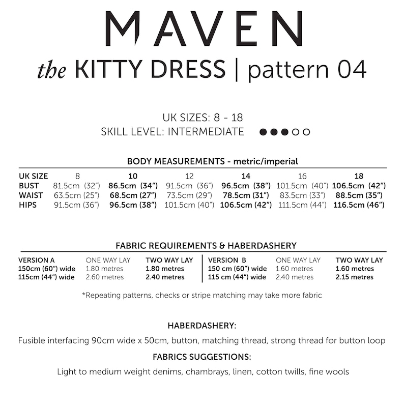 May include: A sewing pattern document titled MAVEN the KITTY DRESS pattern 04. It lists UK sizes 8-18, intermediate skill level, body measurements in inches, fabric requirements in meters for 60-inch and 44-inch wide fabric, and haberdashery needs.