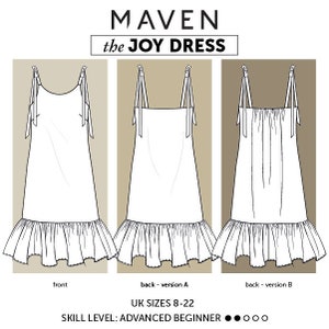 The Joy Dress Sewing Pattern - working diagram. A-line Dress with Tie Shoulder Straps, Side Pockets, and ruffled Hem, UK Sizes 8-22,Wedding Guest Dress, DIY Fashion.