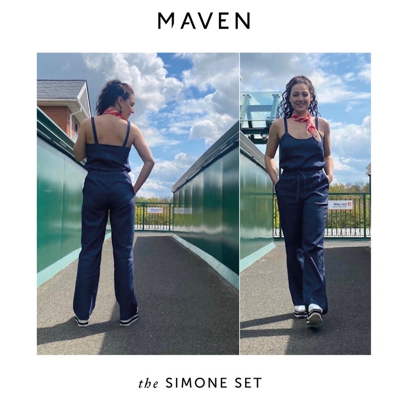 The Simone Set. A two-piece pattern with versatile styling options. Camisole top with two strap choices and a shaped hem. Slim-fit trousers with straight legs, an elasticated waist, and front slant pockets.