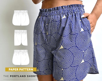 Patrón de costura de papel para pantalones cortos Portland, patrón de pantalones cortos deportivos, estilo bóxer con cintura elástica, ideal para principiantes.