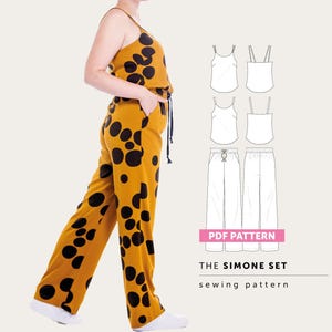 The Simone Set PDF sewing pattern, co-ord set camisole top and elasticated waist trouser pant pattern, jumpsuit sewing pattern