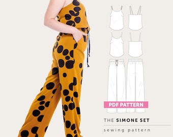 Simone Set PDF Sewing Pattern, Camisole Top, Trouser Pants and Jumpsuit