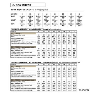 SIZE CHARTS AND FABRIC REQUIREMENTS FOR THE JOY DRESS SEWING PATTERN; Customizable Fit - UK Sizes 8-22, Choose Your Fabric - Casual or Chic.