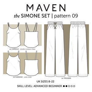 The Simone Set - Camisole Top and Elasticated Waist Trousers. Size Chart and Fabric Requirements. Detailed size chart and fabric recommendations
