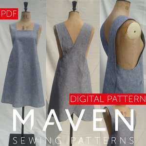 Maria Apron pdf sewing pattern - crossback, Japanese style Studio Makers apron, gardener or kitchen apron in chambray denim