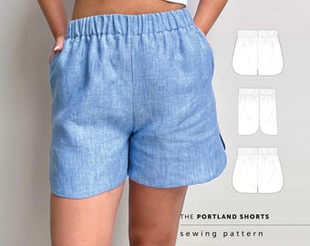 The Portland Shorts PDF sewing pattern, easy sewing pattern, elasticated waist shorts pant pattern, running boxer shorts, Scandi shorts