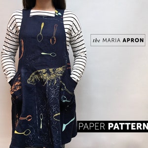 Maria Apron sewing pattern - crossback, Japanese style Studio Makers apron in screen printed linen