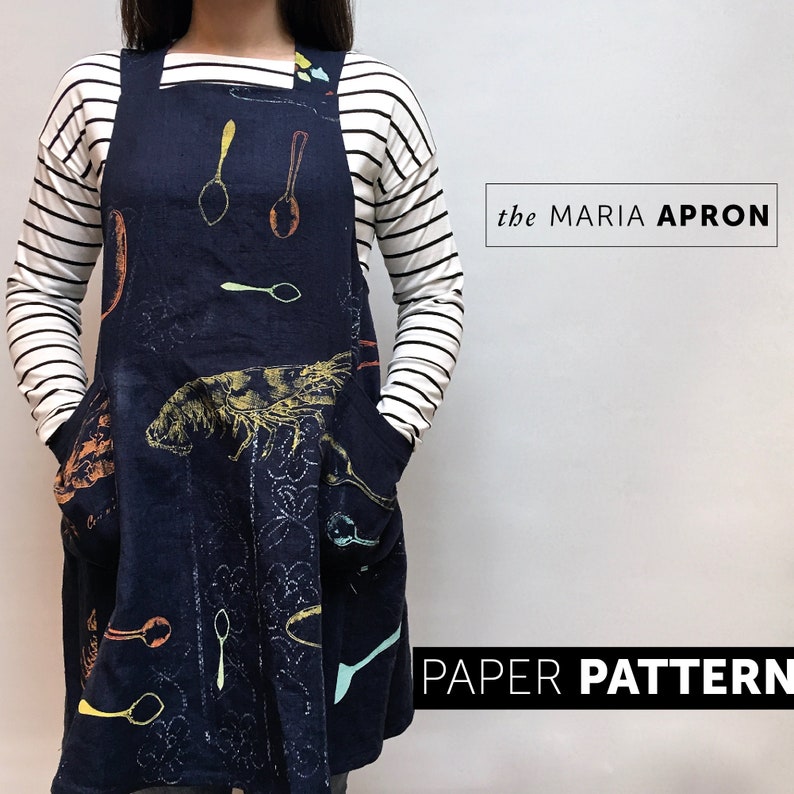 Maria Apron sewing pattern - crossback, Japanese style Studio Makers apron in screen printed linen