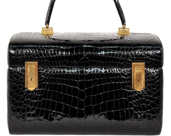 Italian Genuine Black Crocodile Train Beauty & Jewelry Case by Revlon, 1960s, Mint