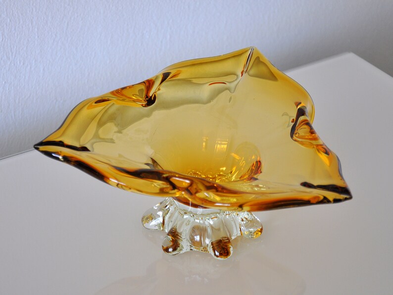 Amber Yellow Murano Glass Compote Footed Bowl Catchall image 9