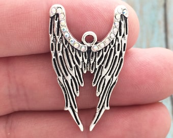 BULK 8 Angel Wings Charm Silver with Crystal by TIJC SP1317B