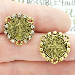 2 Gold St Benedict Medal Rosary Centers With Crystal by TIJC SP1969