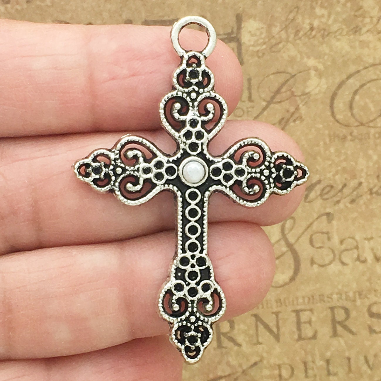 2 Filigree Silver Cross Charm Pendant 50x35mm by TIJC SP1632 - Etsy