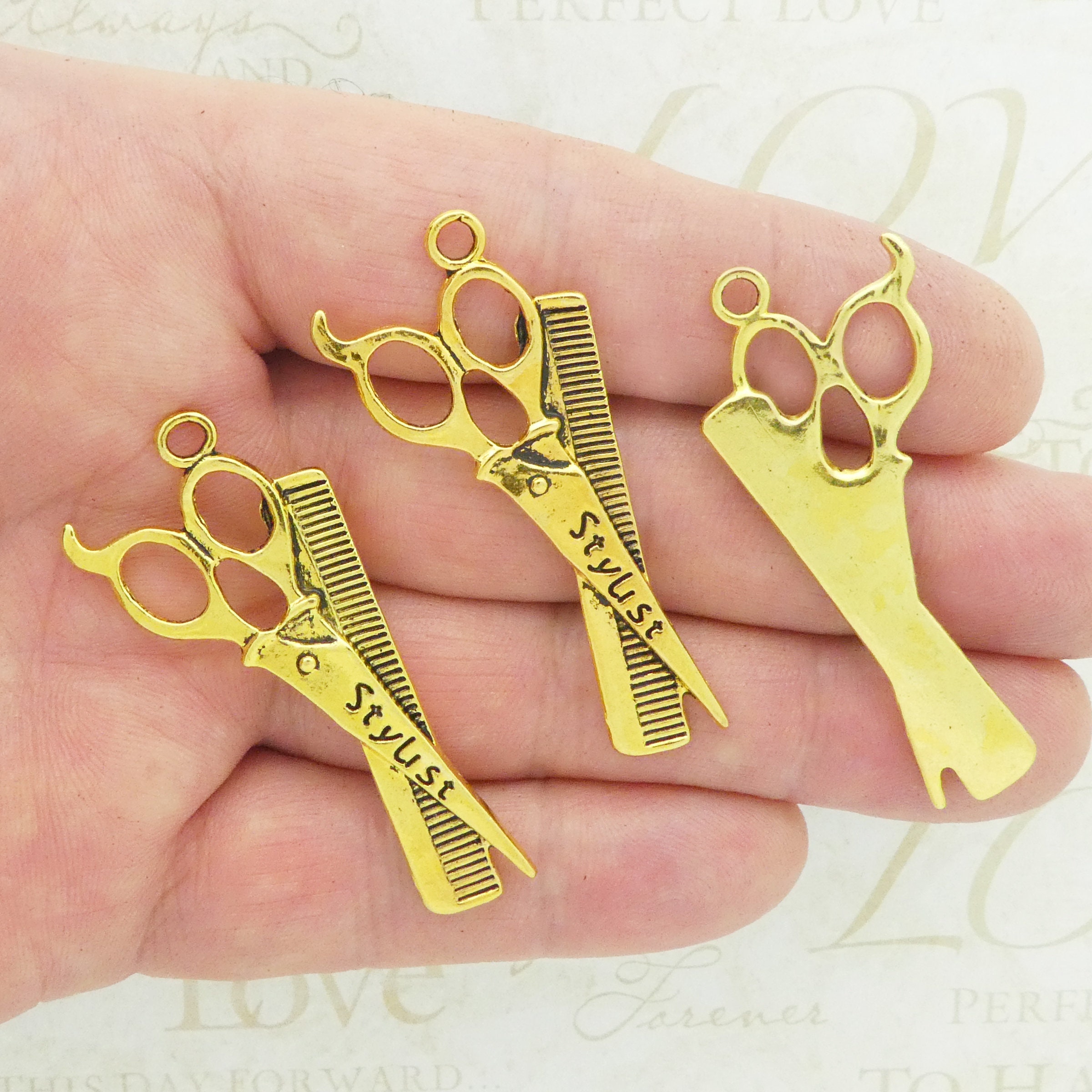 BULK 12 Gold Scissor and Comb Hair Stylist Charm 52x25mm by Etsy