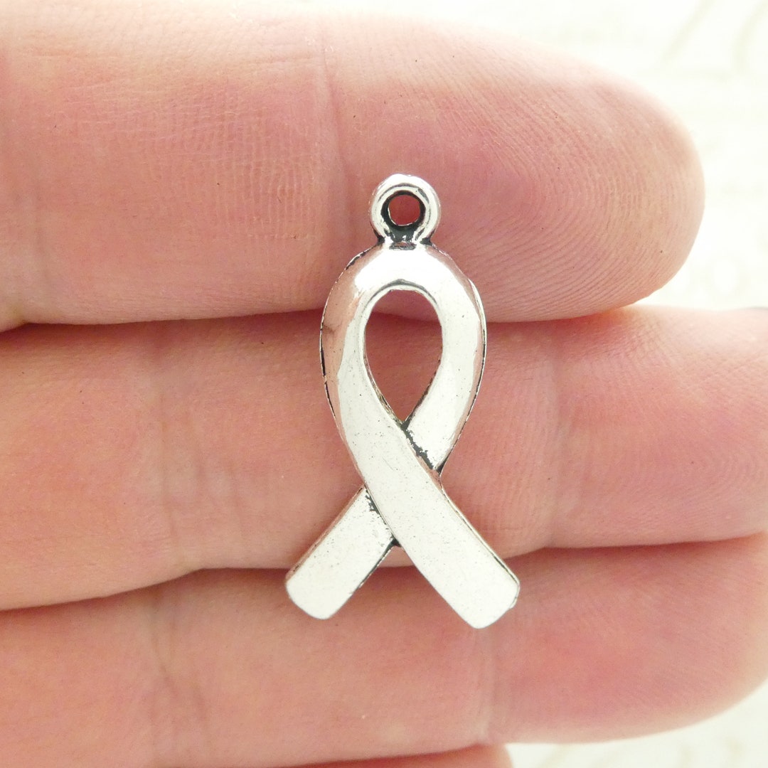 BULK 20 Brest Cancer Awareness Ribbon Charm Silver 32x17mm by TIJC