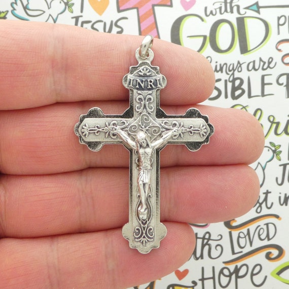 1 Silver Crucifix Cross Pendant Rosary Making Supplies by TIJC SP6084 