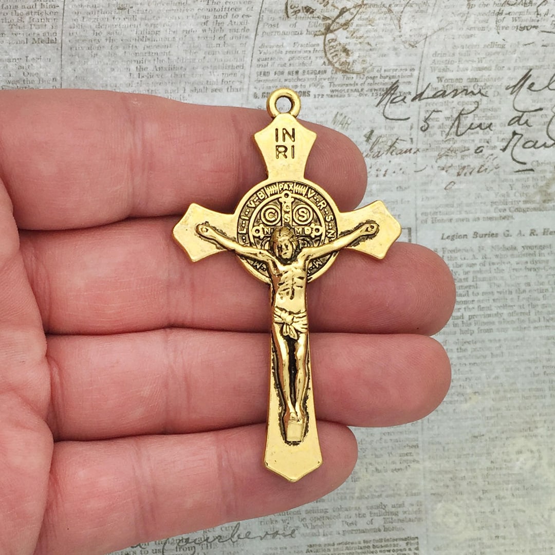 Solid 10k White Gold St. Benedict Crucifix Cross Pendant - 1.10\" Height, Catholic Religious Charm, Handcrafted In USA