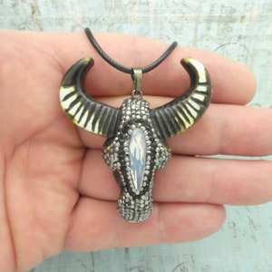 1 Cow Skull Pendant with Marcasite and Oval Opaque Crystal on Black Cord by TIJC SP1872