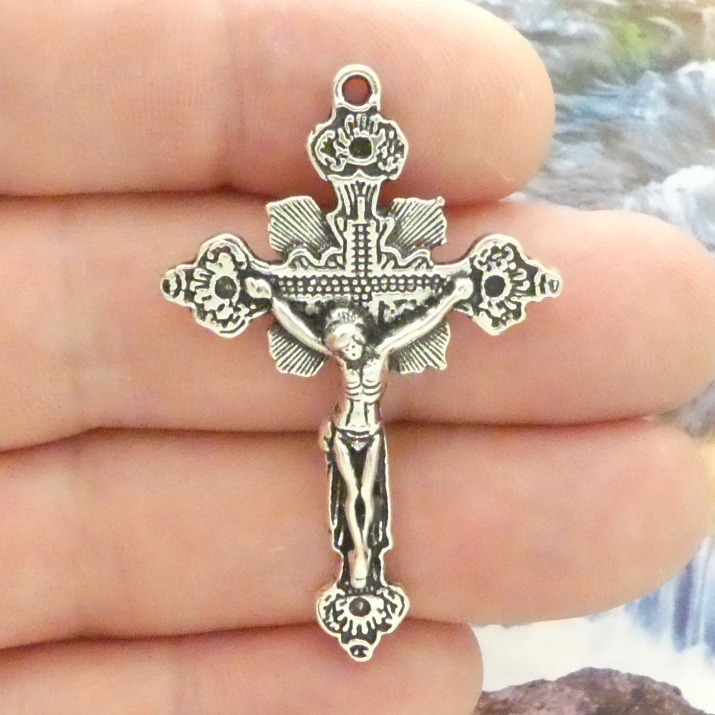 3 Silver Crucifix Cross Pendant Rosary Making Supplies by TIJC