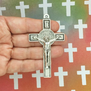 1 Silver Crucifix Pendant with St Benedict Medal for Rosary Parts by TIJC SP0068