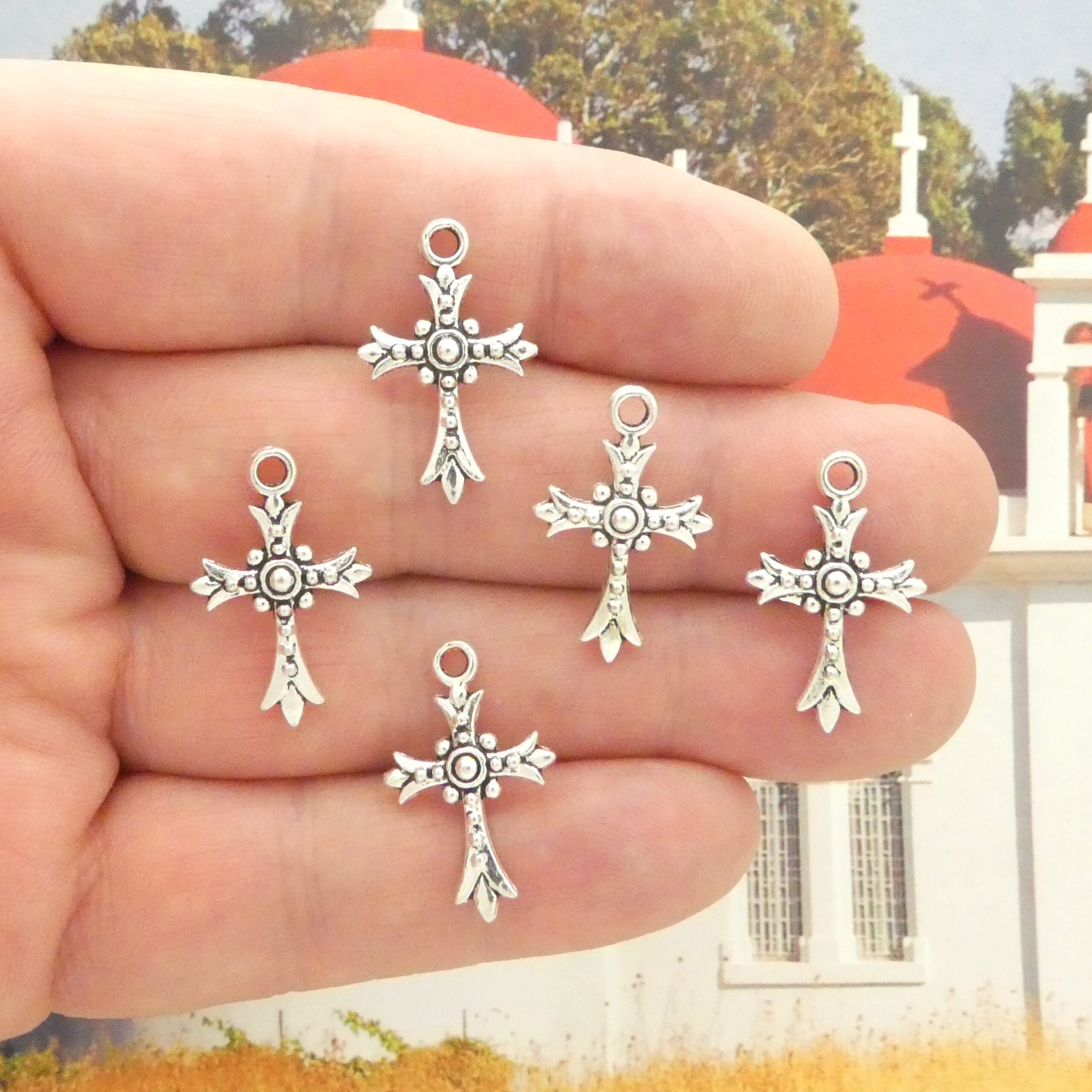 Clearance Mini Christian Cross Charms (7pcs / 10mm x 20mm / Tibetan Silver / 2 Sided) Religious Catholic Jewellery Christmas Party Favor Charm CHM870