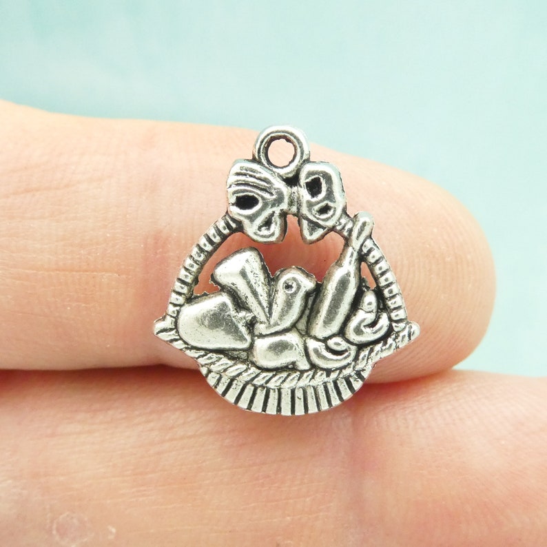 8 Silver Wine Basket Charm Pendant Double Sided by TIJC SP1329 image 2