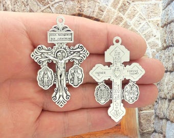 2 Silver Three Way Pardon Crucifix with Miraculous Medal and St Benedict Medal by TIJC SP2233