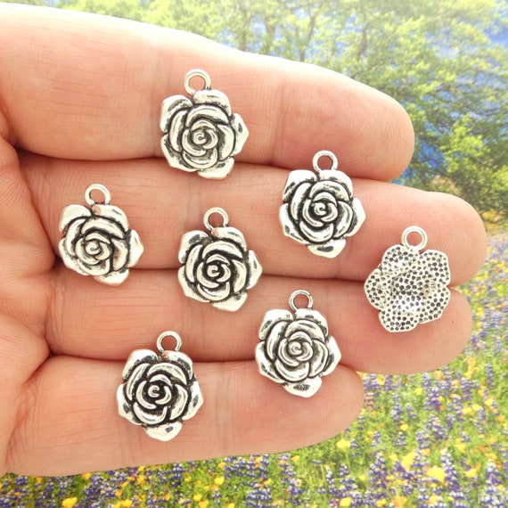 Bulk 25 Silver Rose Charms Wholesale by TIJC SP2210B 