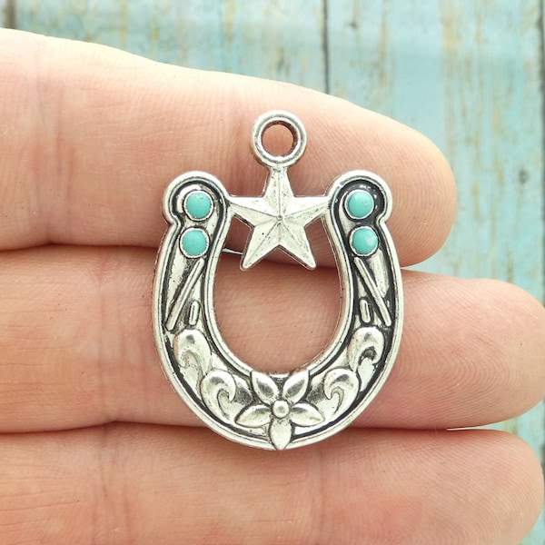 BULK 6 Ornate Silver Horseshoe Charm with Star and Turquoise Accents by TIJC SP1003B