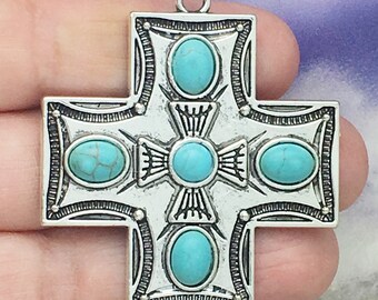 BULK 3 Silver Turquoise Cross Charm Pendant by TIJC SP1251B
