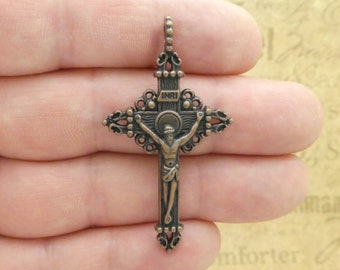 2 Copper Crucifix Cross Charm Pendant for Rosary Parts 51x28mm by TIJC SP1929