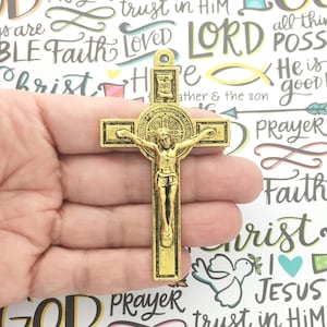 BULK 3 Gold St Benedict Crucifix Cross Charm 76x43mm by TIJC SP1526B